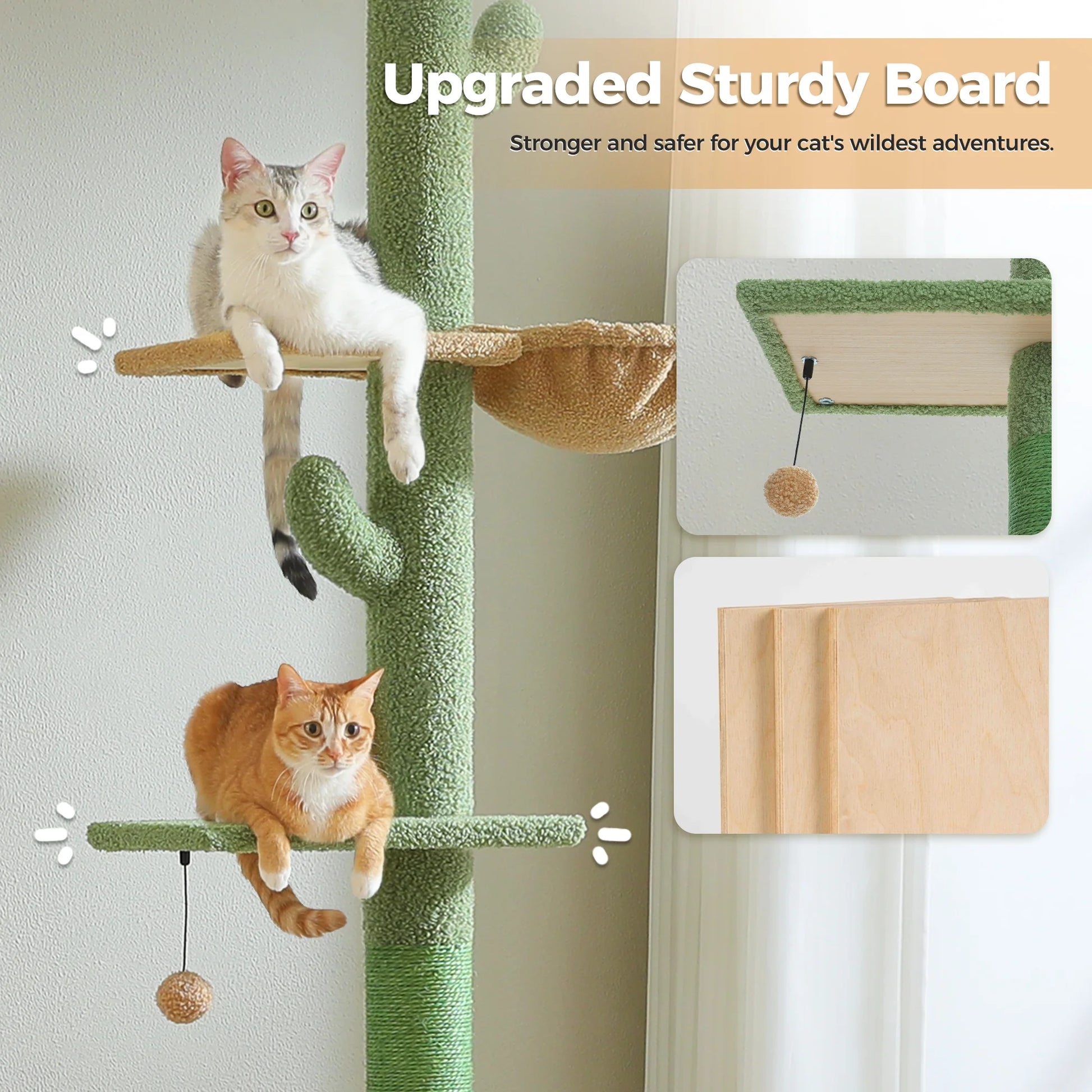 85-112" Cactus Cat Tree Floor to Ceiling Adjustable Climbing Cat Tower Scratching Post 2-Hammocks, Green