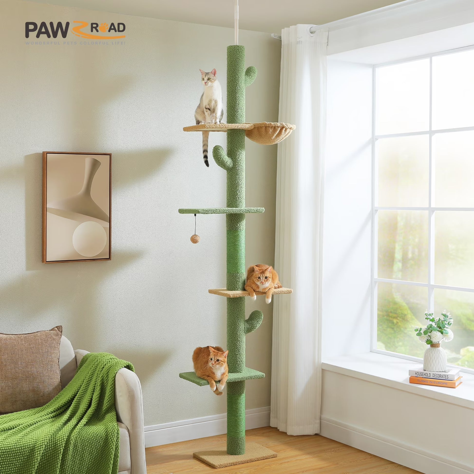 85-112" Cactus Cat Tree Floor to Ceiling Adjustable Climbing Cat Tower Scratching Post 2-Hammocks, Green
