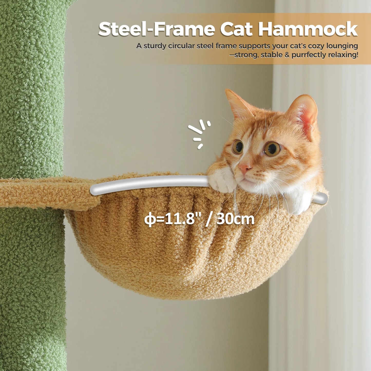 85-112" Cactus Cat Tree Floor to Ceiling Adjustable Climbing Cat Tower Scratching Post 2-Hammocks, Green