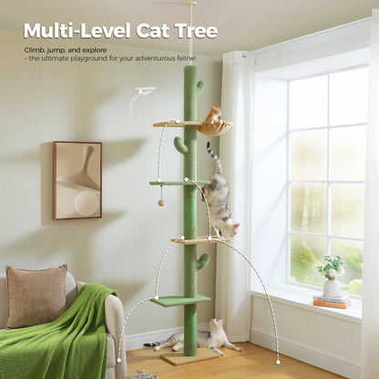 85-112" Cactus Cat Tree Floor to Ceiling Adjustable Climbing Cat Tower Scratching Post 2-Hammocks, Green