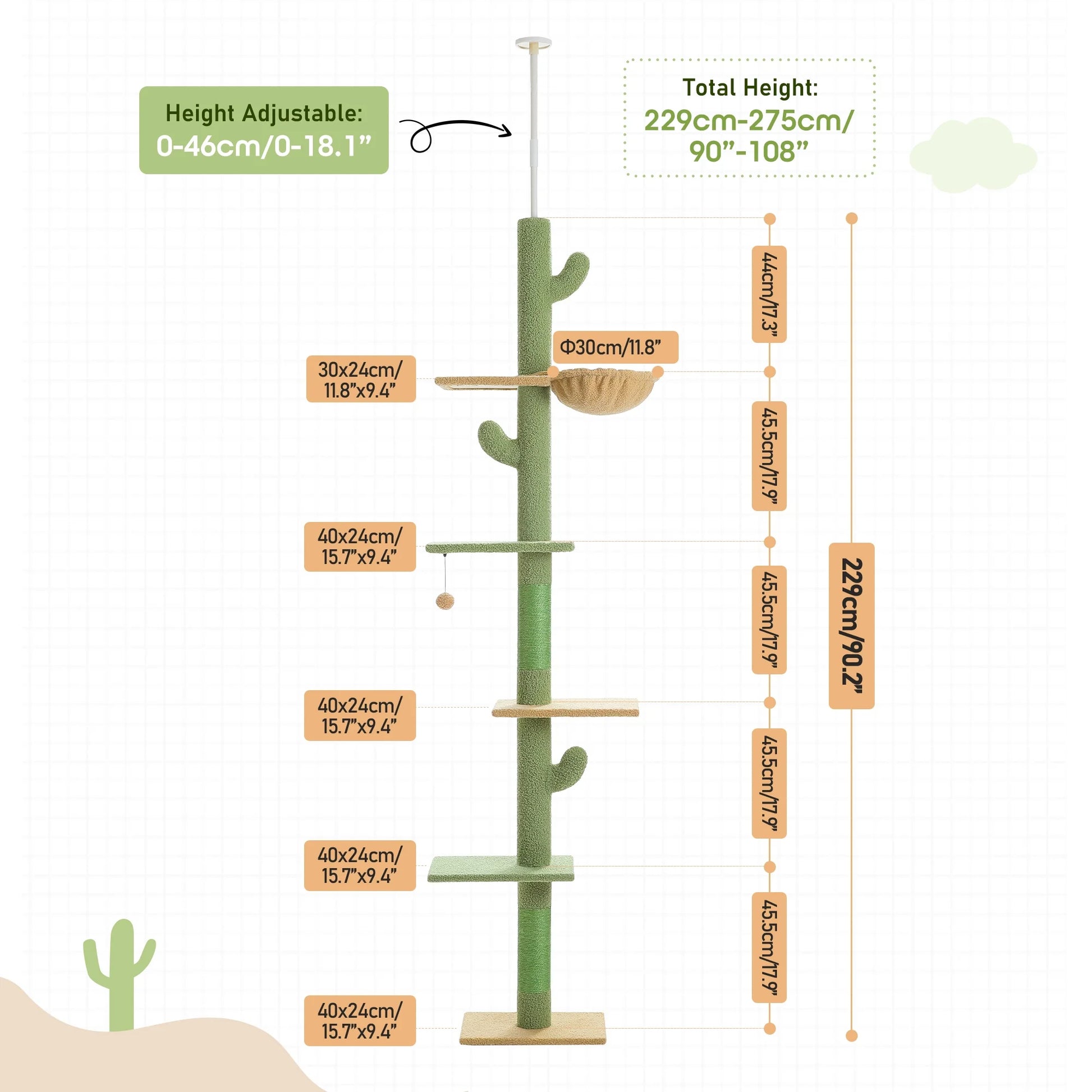 85-112" Cactus Cat Tree Floor to Ceiling Adjustable Climbing Cat Tower Scratching Post 2-Hammocks, Green