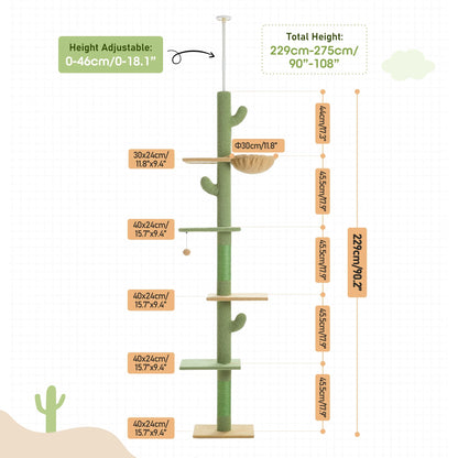 85-112" Cactus Cat Tree Floor to Ceiling Adjustable Climbing Cat Tower Scratching Post 2-Hammocks, Green