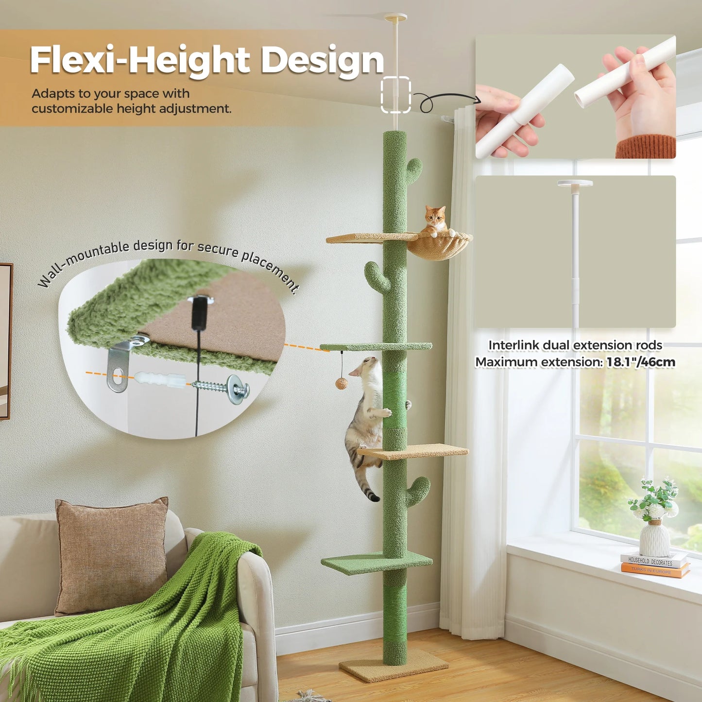 85-112" Cactus Cat Tree Floor to Ceiling Adjustable Climbing Cat Tower Scratching Post 2-Hammocks, Green
