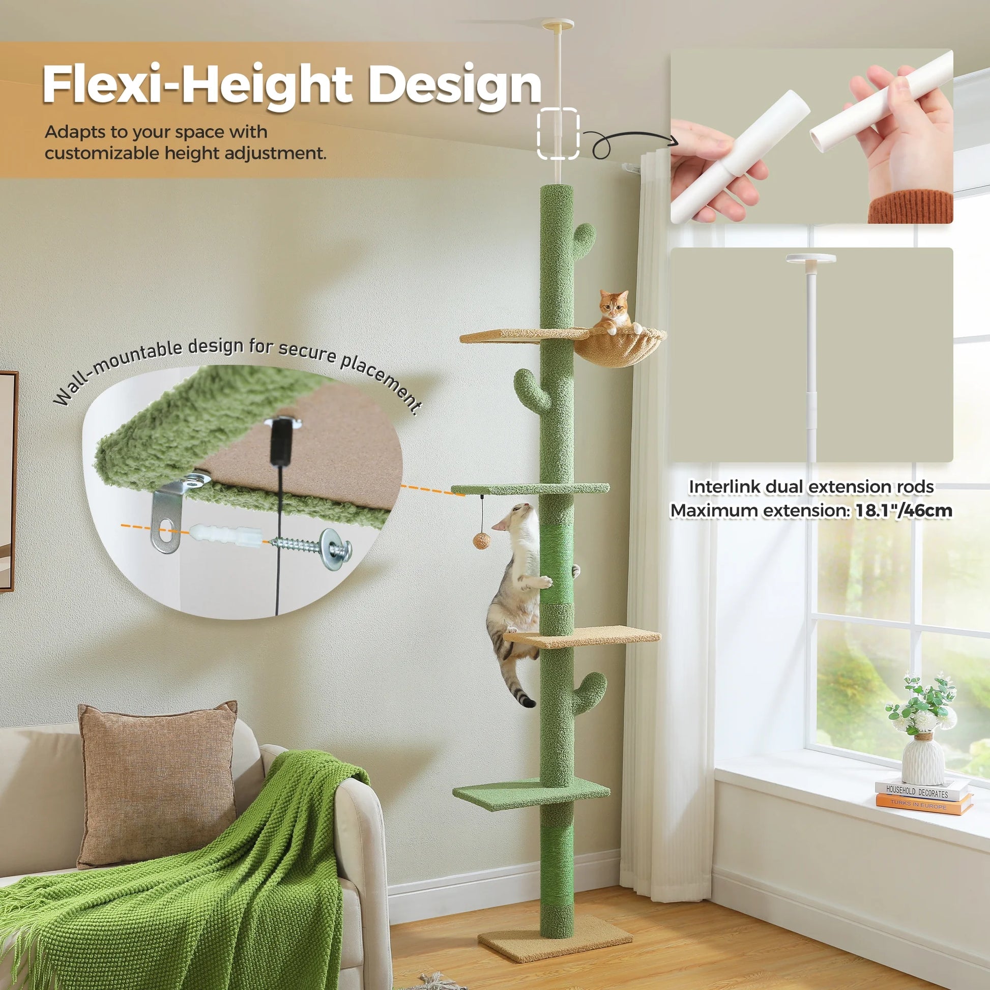 85-112" Cactus Cat Tree Floor to Ceiling Adjustable Climbing Cat Tower Scratching Post 2-Hammocks, Green