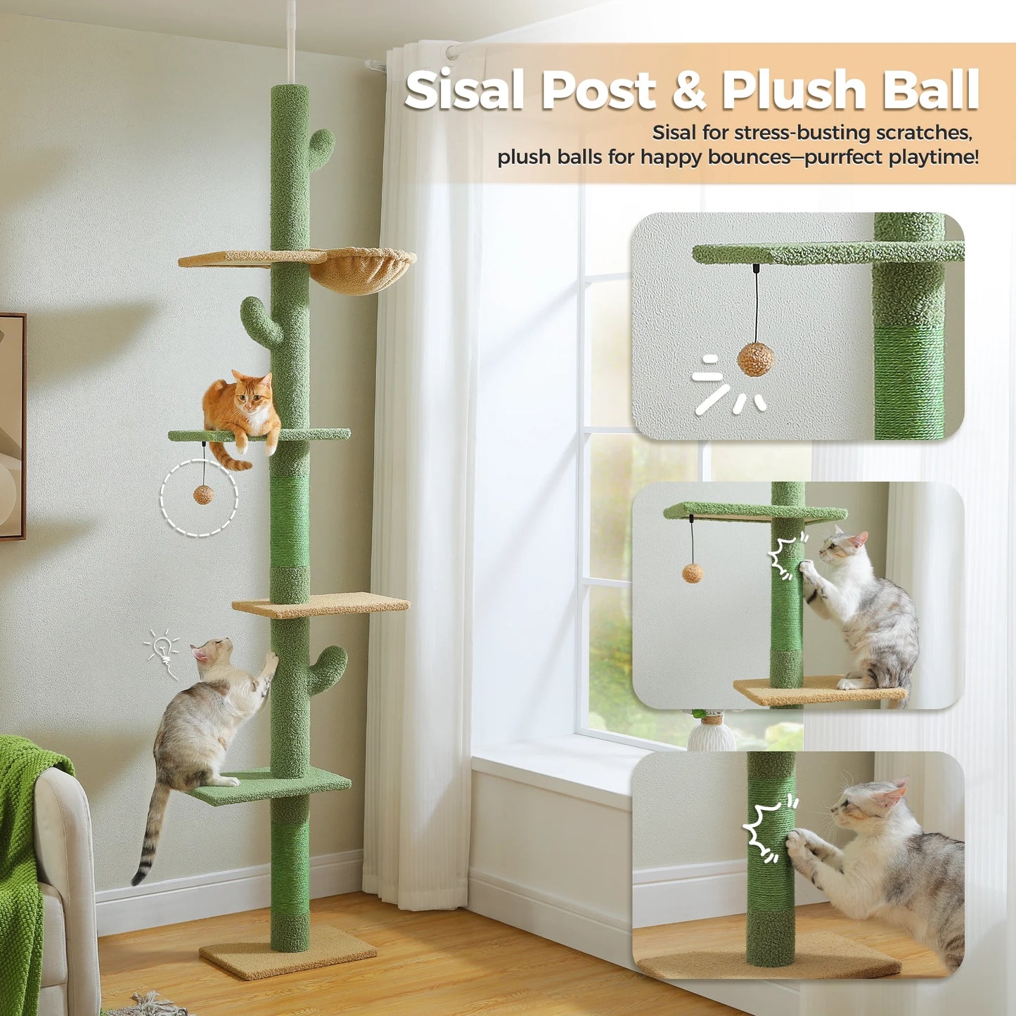 85-112" Cactus Cat Tree Floor to Ceiling Adjustable Climbing Cat Tower Scratching Post 2-Hammocks, Green