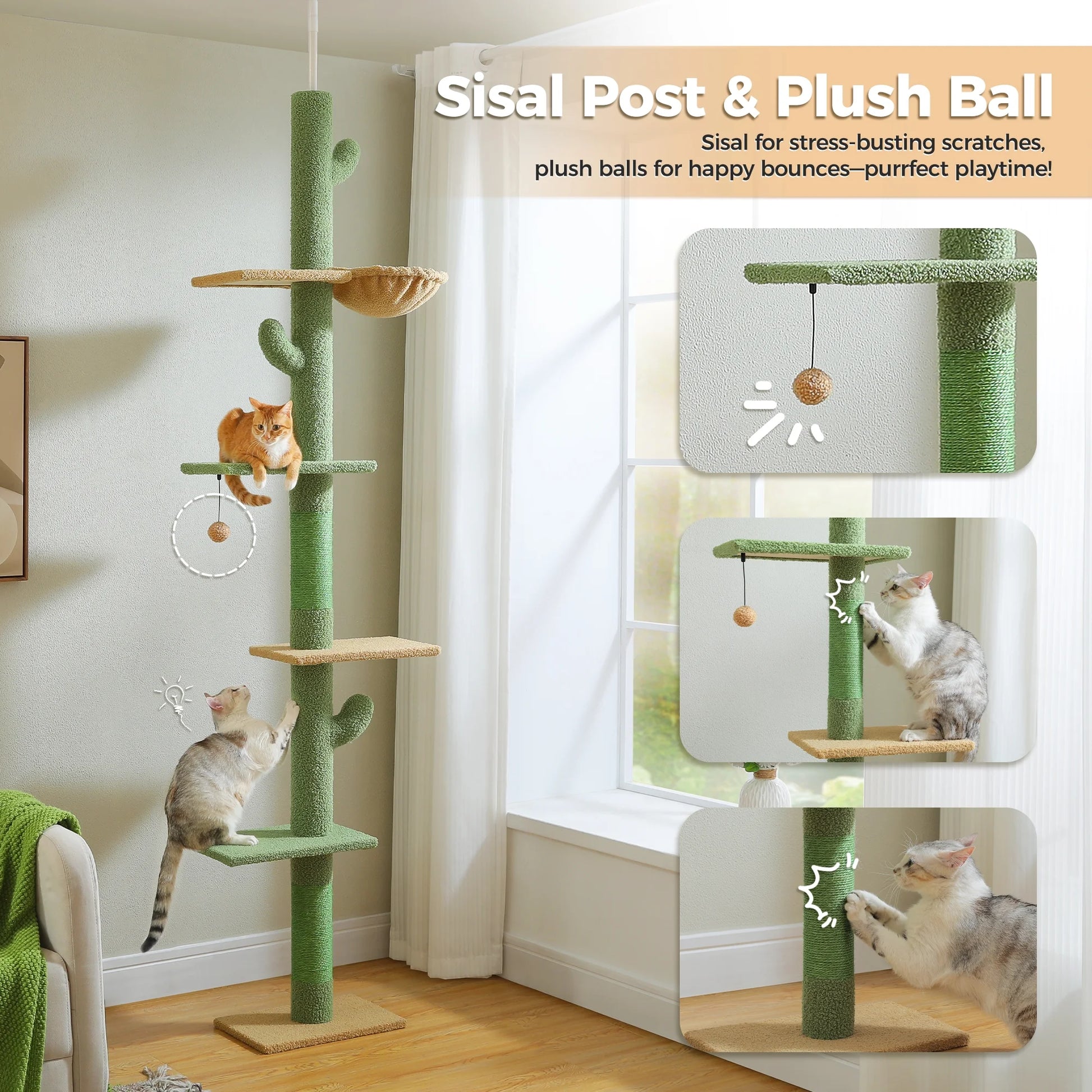 85-112" Cactus Cat Tree Floor to Ceiling Adjustable Climbing Cat Tower Scratching Post 2-Hammocks, Green