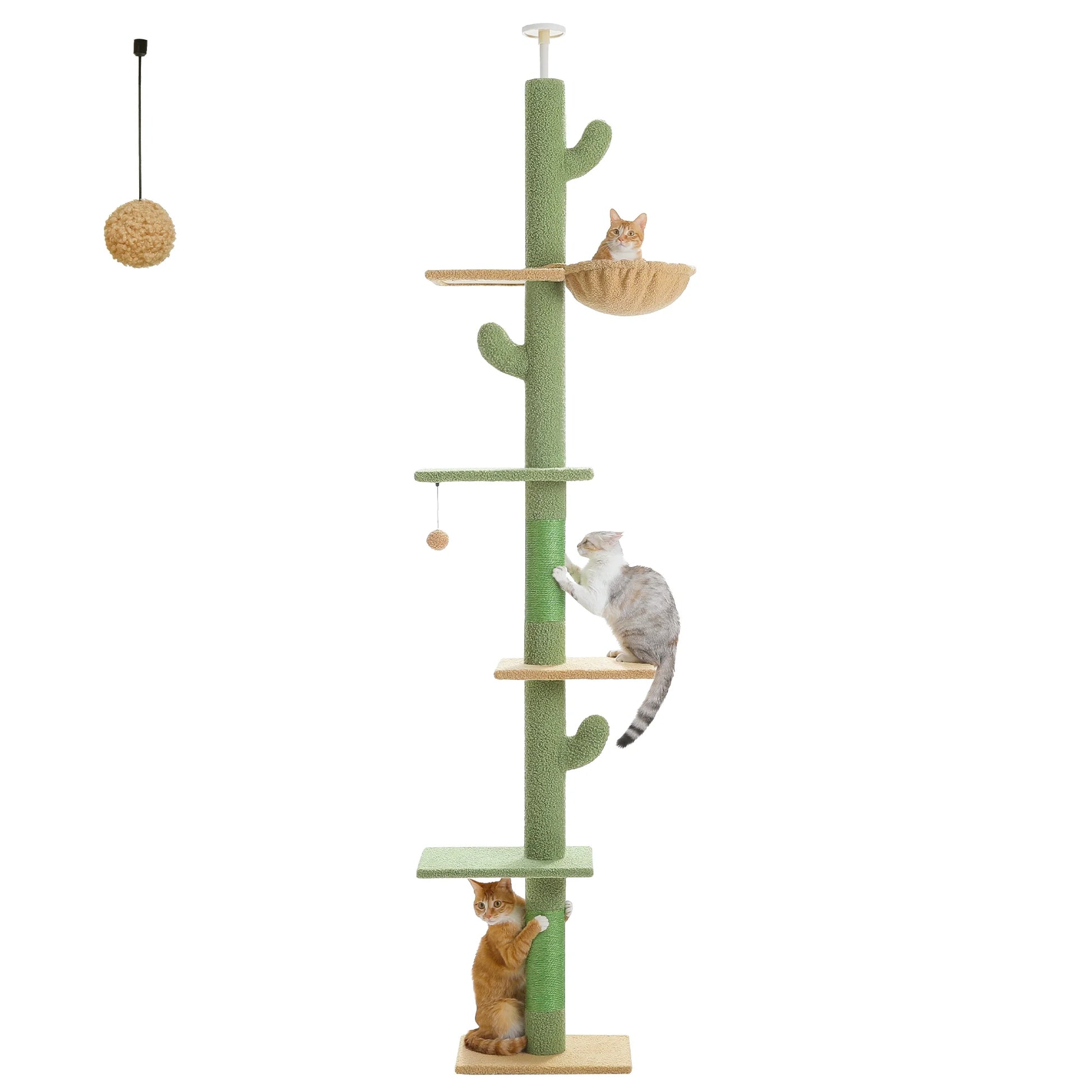 85-112" Cactus Cat Tree Floor to Ceiling Adjustable Climbing Cat Tower Scratching Post 2-Hammocks, Green