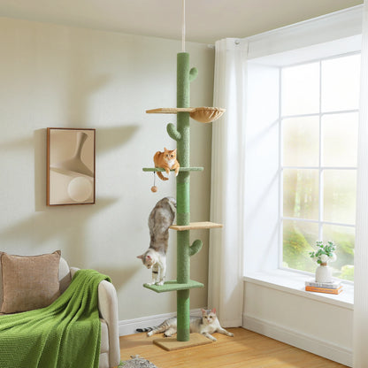 85-112" Cactus Cat Tree Floor to Ceiling Adjustable Climbing Cat Tower Scratching Post 2-Hammocks, Green