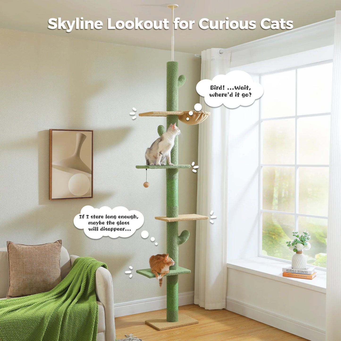 85-112" Cactus Cat Tree Floor to Ceiling Adjustable Climbing Cat Tower Scratching Post 2-Hammocks, Green